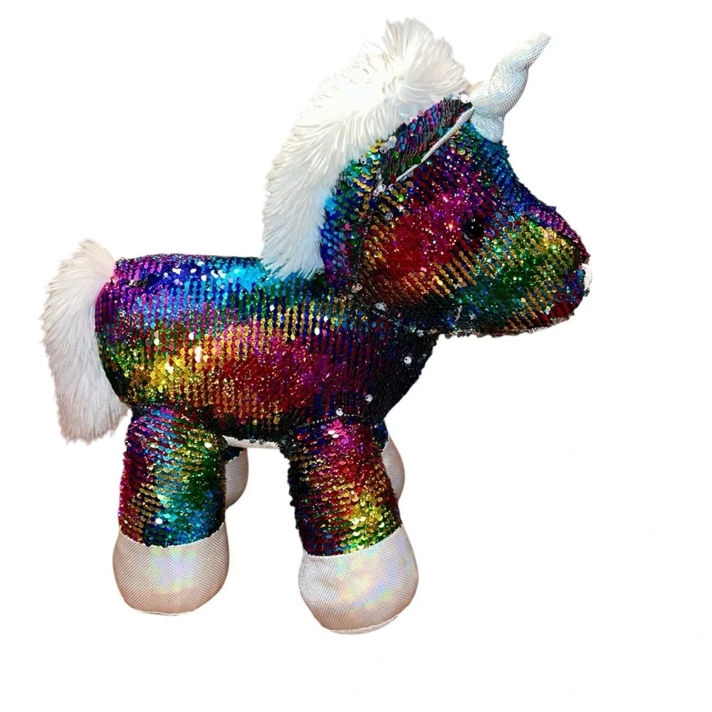 Rainbow/Silver Flip Sequin Unicorn Plush 8.5” x 14” x 17” - Picture 2 of 10